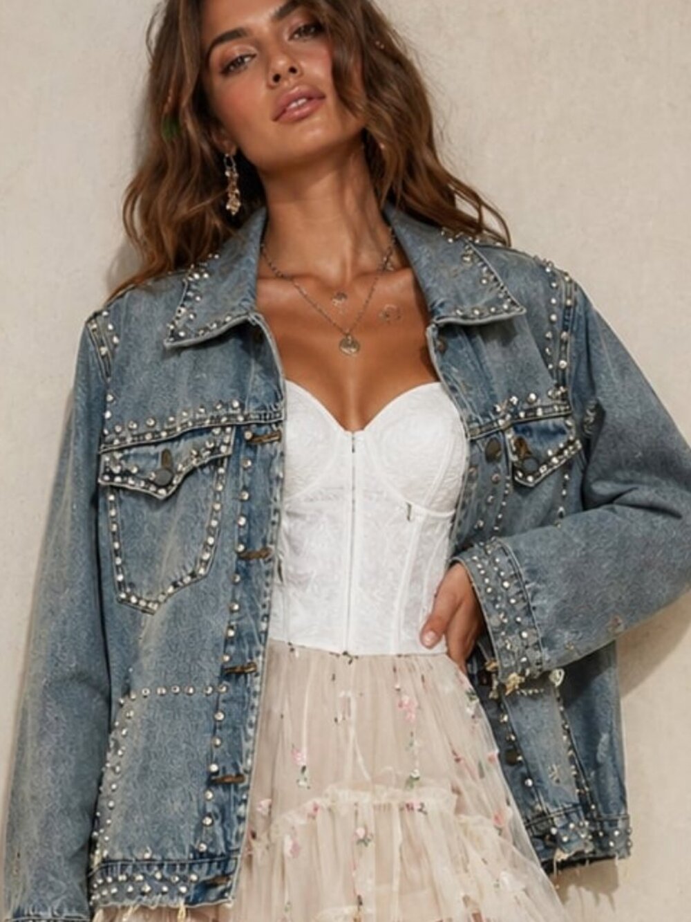 NWT BLANK NYC Pearl Rhinestone Studded Denim Jean Jacket Distressed Faded Blue L